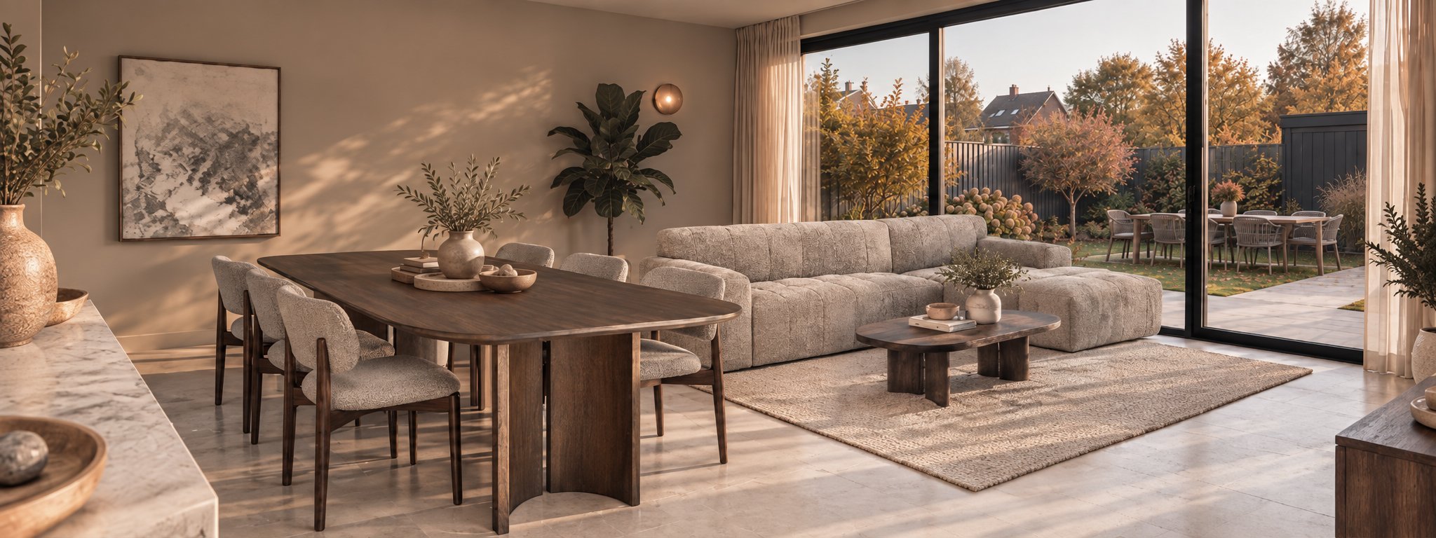 Eettafel Bolton met Salontafel Elan en hoekbank Memphis in woonkamer met uitzicht op de tuin in de herfst.